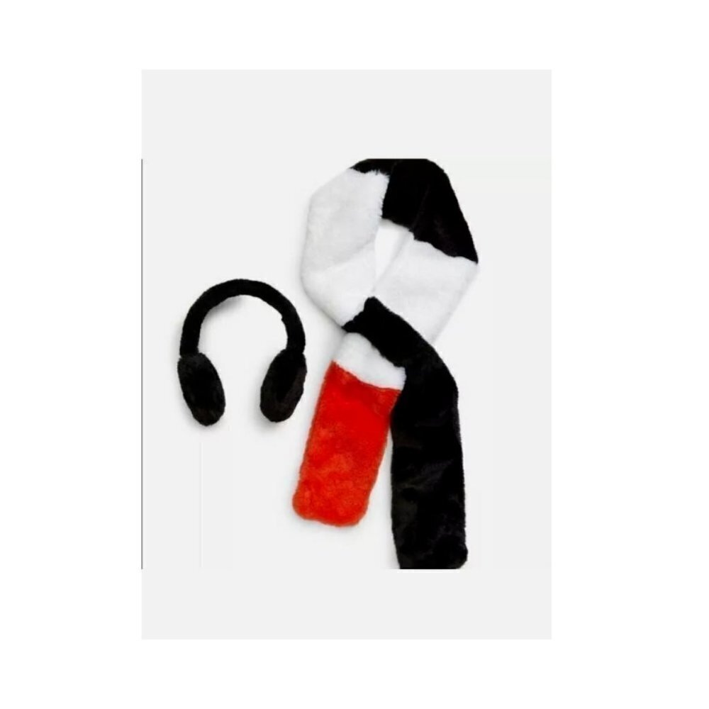BP Womens One Size Faux Fur Earmuff Colorblock Scarf Set Black Red $68 1218